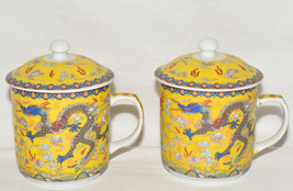 R.S.I. Chinese Dragon Mugs w Lids Pair Yellow Porcelain Tea Coffee Cups Mugs - £11.76 GBP