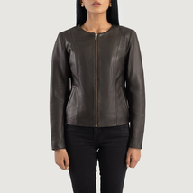 LE Elixir Brown Collarless Leather Jacket - £109.83 GBP+