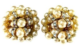 Cluster Clip-On Earrings Faux Pearl &amp; Rhinestone Dome Gold Tone 1950s - $16.95