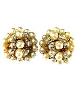 Cluster Clip-On Earrings Faux Pearl &amp; Rhinestone Dome Gold Tone 1950s - $23.25 CAD