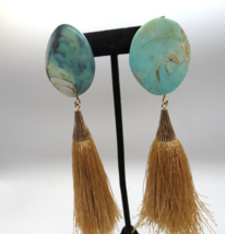 Uterque Earrings Variscite Stone Pierced Gold Tone Tassel Runway Statement - £18.49 GBP