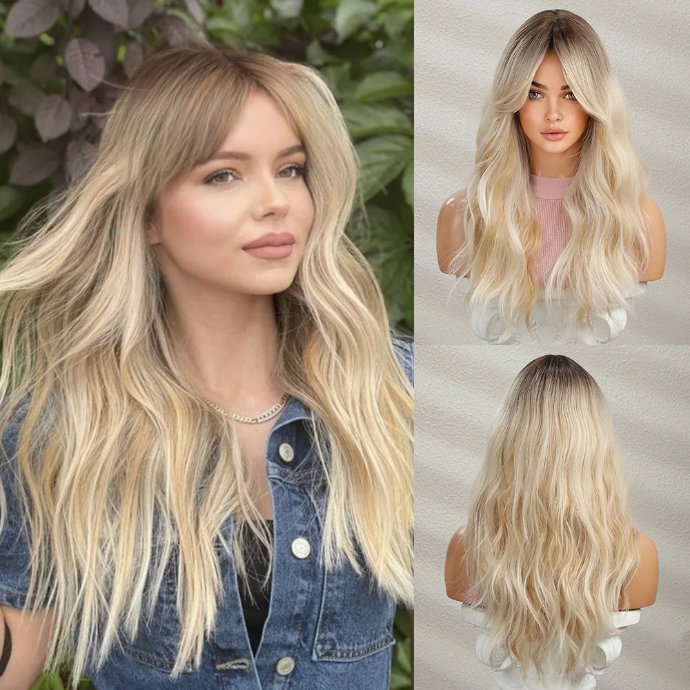 Long Natural Wavy Wig with Side Bangs Ombre Brown to Platinum Blonde Cur - £20.73 GBP