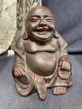 Vintage Chalkware Sitting Happy Bronze/Red Buddha Of Wealth 7.5&quot; Tall - £18.60 GBP