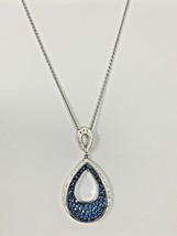 Blue &amp; Clear On Silvertone Teardrop PENDANT 18&quot; Necklace Signed BZ OTC Italy - £14.80 GBP