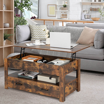 Lift Top Coffee Table 2 Storage Drawers Hidden Compartment Open Shelf Wood Brown - £138.81 GBP