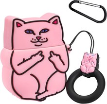 For Airpods1 &amp; 2 - Pink Cat w/ Ring Chain Soft Rubber Silicone Case - £6.31 GBP