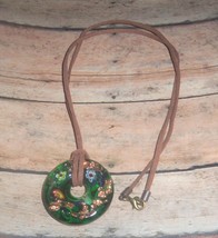 Necklace Leather/Suede Cord Green Glass Doughnut Pendant Painted 27&quot; Upcycled - £15.47 GBP