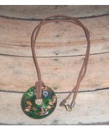 Necklace Leather/Suede Cord Green Glass Doughnut Pendant Painted 27&quot; Upc... - $20.00