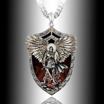 Mens St. Michael Archangel Shield Pendant Necklace Stainless Steel - £9.71 GBP