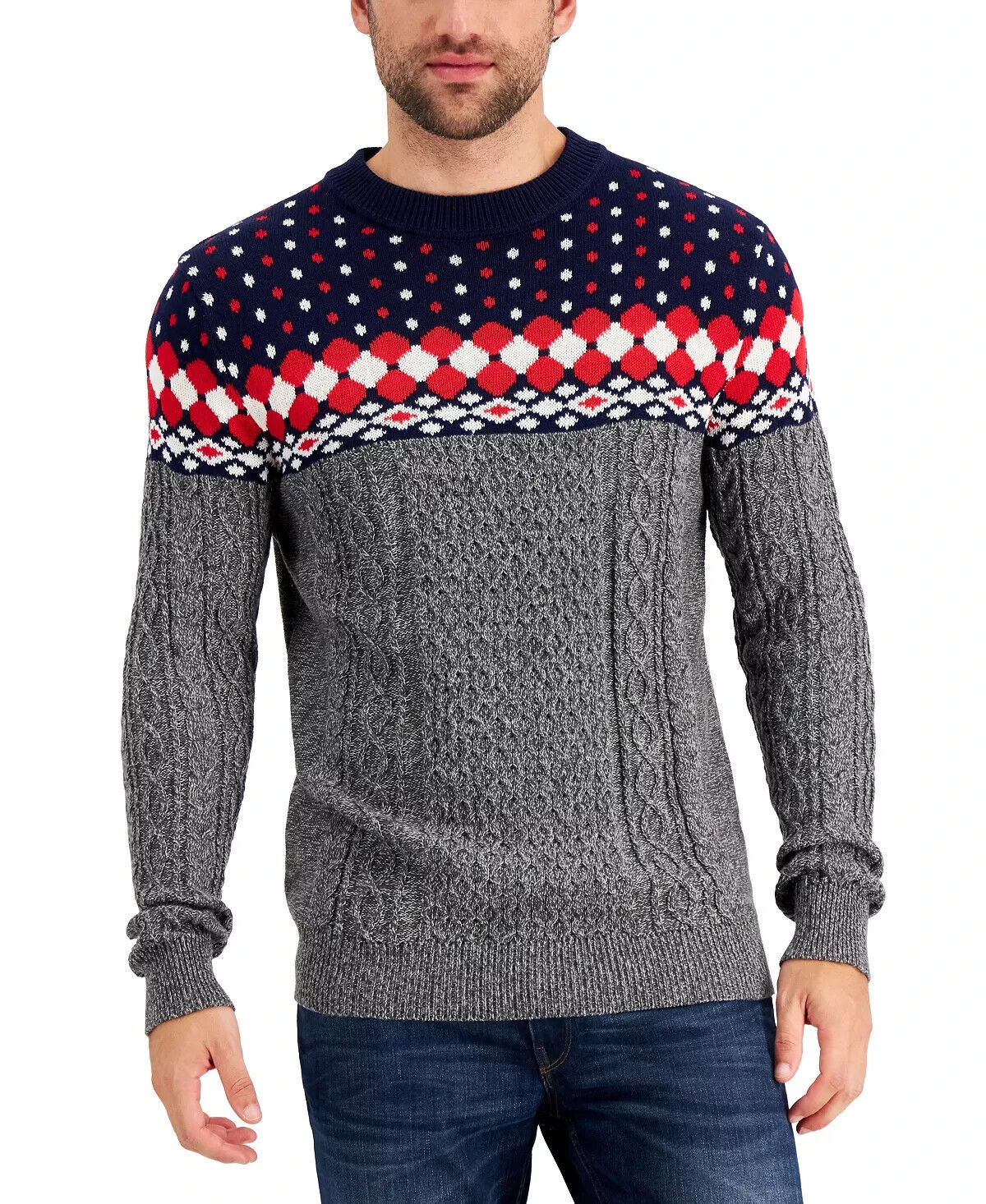 Club Room Men's Fair Isle Sweater in Navy Blue Combo-2XL