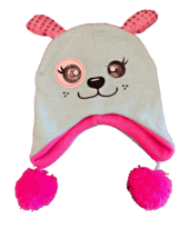 Cap Girls Trapper Critter Hat Knit Cap Green Knit Pink Fleece Puppy Ear Flaps - £10.92 GBP