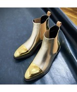 Gold Chelsea Boots Men PU High Top Ankle Boots Round Toe Fashion Nightcl... - £57.20 GBP