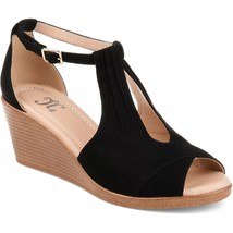 Journee Collection Women T Strap Wedge Sandals Kedzie Size US 7 Black Faux Suede - £21.92 GBP