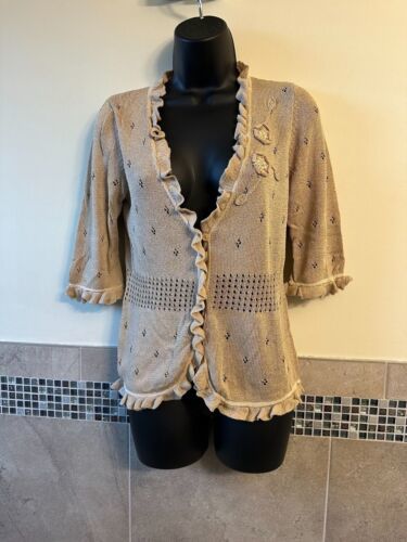 NANETTE LEPORE Cotton Blend Tan Cardigan Ruffle Detail Flower Buttons SZ M - £51.89 GBP