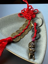 Lot of Asian Goldtone Coins &amp; Braided Silk Thread &amp; Plastic Character Key Chain - £7.64 GBP