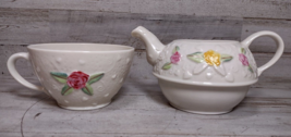 Vintage Belleek Ireland Hearts and Roses Teacup &amp; Kettle Tea for One Pink *READ* - £30.15 GBP