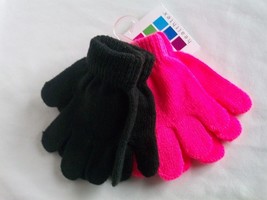 Healthtex Hot Pink Black Toddler Set 2 Winter Gloves Knit Finger Girls - £13.57 GBP