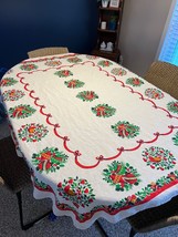 Vintage Christmas Ornament Balls Tablecloth 48&quot; X 62&quot; Oblong Holly Berries Trees - £46.66 GBP
