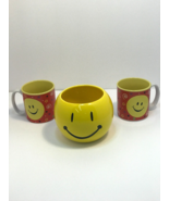 Happy Face Burton 2005 Mugs 2 Red and Yellow Mugs with Yellow Happy Bowl... - $19.79