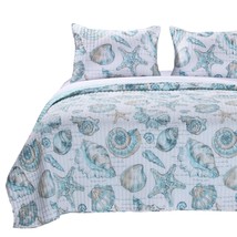 King size Coastal Seashells 3 Piece White Teal Polyester Reversible Quilt Set - £166.10 GBP