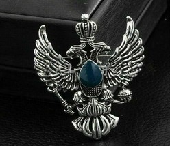 Vintage Look Silver Plated Double Eagle Design Blue Brooch Broach Crown Pin B41 - $18.36