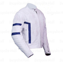 New Men&#39;s White Blue Stripes Motorcycle Cowhide Leather Jacket Safety Pa... - $170.99+