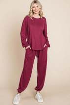 Two Tone Solid Warm And Soft Hacci Brush Loungewear Set - £39.08 GBP