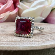 3.20 Ct Princess Ruby Moissanite 14K Yellow Gold Over Side Stone Engagement Ring - £99.85 GBP