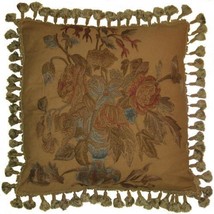 Hand-Embroidered Throw Pillow 21x21 Vase Flowers Blue,Red,Beige,Brown - £252.31 GBP