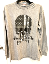 Hot Leathers T-Shirt Mens Medium Grey Skull American Flag Biker Motorcyc... - $11.14