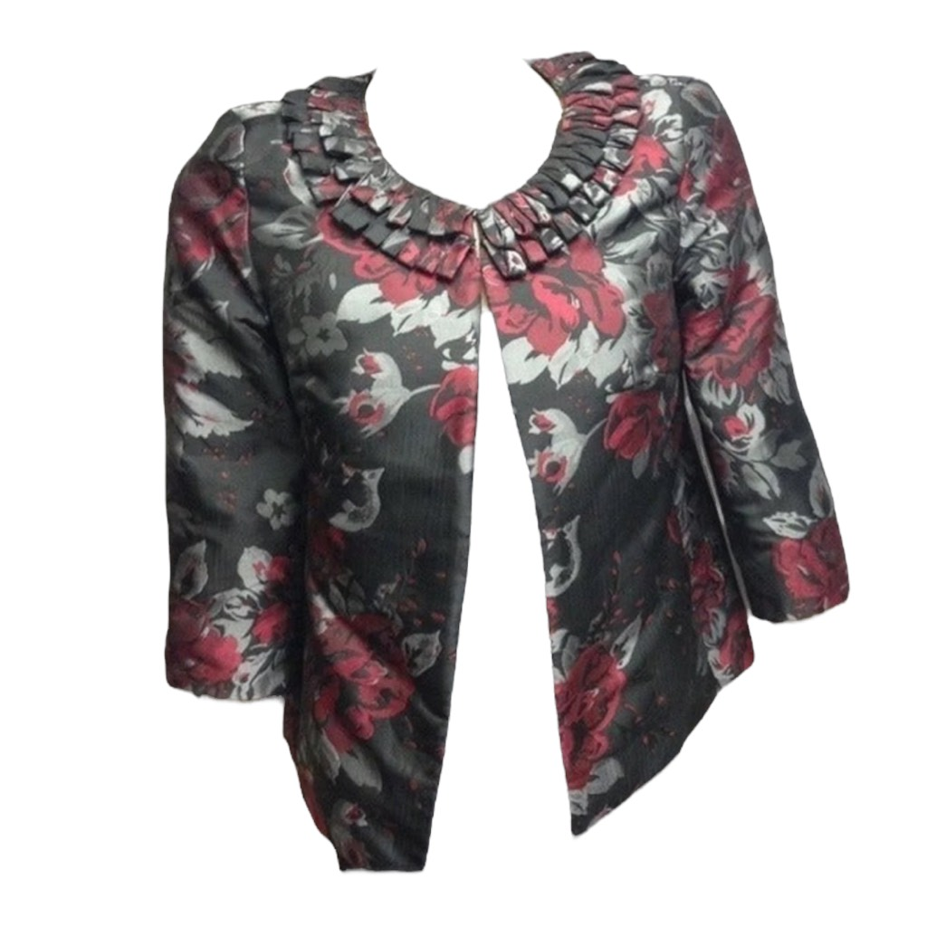 Primary image for Lavender & Honey Womens Blazer Jacket Black Red Floral Ruffle Collar S New