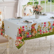 Easter Rectangle Tablecloth Spring Flower Bunny Stain Resistant Wrinkle Free Tab - £25.77 GBP