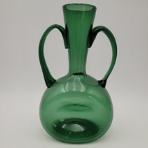 Vintage Empoli Blown Glass Double Handled Dark Green Vase Mid Century Mo... - $39.59