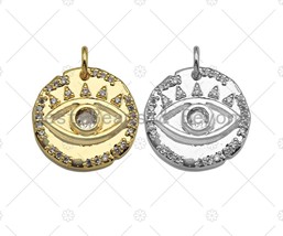 CZ Micro Pave Evil Eye On Hammered Coin Pendant/Charm,Cubic Zirconia - $3.90