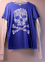 Hybrid Tees Blue and Ivory Skull and Cross Bones Band Guitars Size Youth XL 1424 - £6.70 GBP