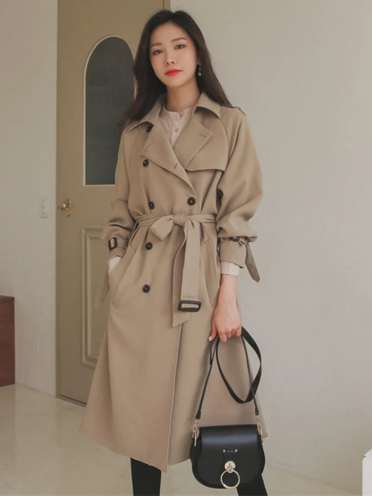 Trench Coat For Women   New Lapel Double Breasted Long Sleeves Belt Wind... - £294.17 GBP
