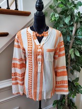 Orange &amp; White Women&#39;s 100% Cotton Long Sleeve V-Neck Pullover Blouse Si... - £20.39 GBP