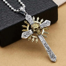 Mens Gothic Skull Cross Necklace in Gold  Halloween Gift - £23.09 GBP