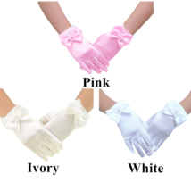 3 Pair Set 7 Inches Wedding Flower Girl&#39;s Stretch Satin Dress Gloves For... - £12.50 GBP