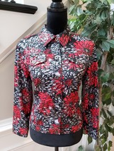 Ruby Rd. Womens Red Black Floral Print Shiny Vinyl Button Front Jacket Size 10 - £20.73 GBP