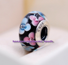 925 Sterling Silver Handmade Glass Lampwork Pink Blue Flowers Murano Gla... - $120.54 MXN