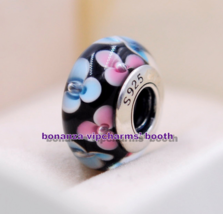 925 Sterling Silver Handmade Glass Lampwork Pink Blue Flowers Murano Glass Charm - $4.20