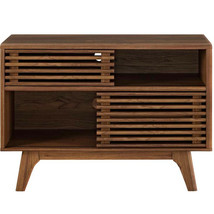 Mid Century Modern Slotted Display Stand Console Wall Media Walnut Storage - $185.97