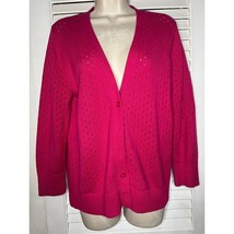 Liz Claiborne pink open weave long sleeve cardigan sweater L V neck cotton - $17.12