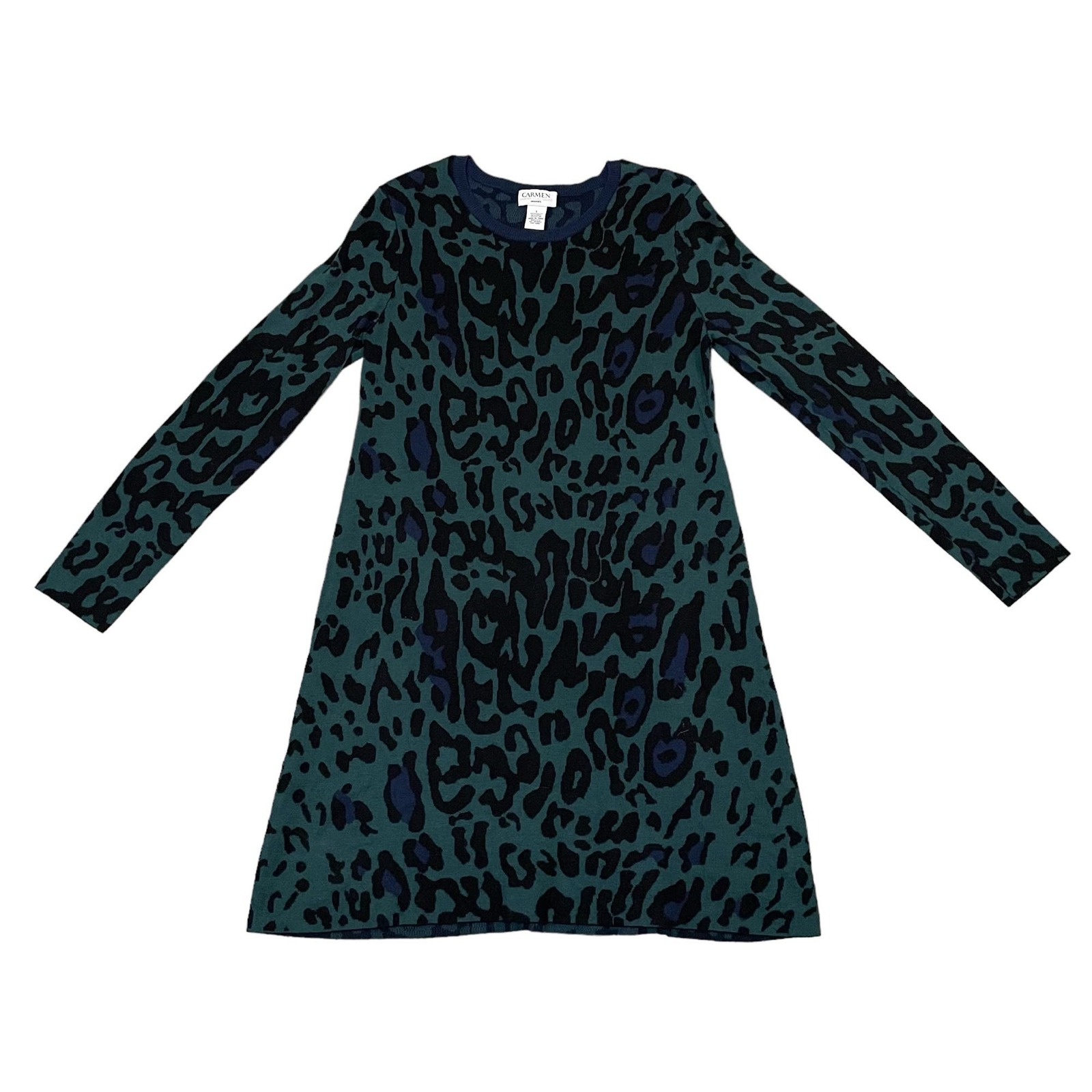 Primary image for Carmen Marc Valvo Long Sleeve Animal Print Sweater Dress Green Blue - Size Large
