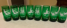 8 VTG Anchor Hocking Green Tumblers - 2 Gas Buggy, 2 Hansom, 2 Bicycle, 2 Sleigh - £19.98 GBP