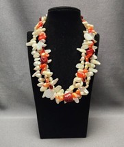 Faux Mother of Pearl Chip Cream &amp; Orange Heavy 3-Strand Beaded Necklace 19&quot;~21&quot; - £19.42 GBP