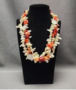 Faux Mother of Pearl Chip Cream &amp; Orange Heavy 3-Strand Beaded Necklace ... - £19.55 GBP