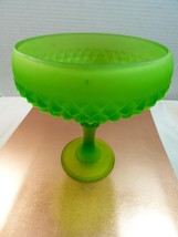 Indiana Glass Candy Dish Pedestal Bowl Green Footed Frosted Diamond Point - £27.59 GBP