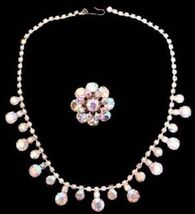 Vintage Aurora Borealis Rhinestone Necklace and  Brooch Set 1950S Goldto... - $62.55
